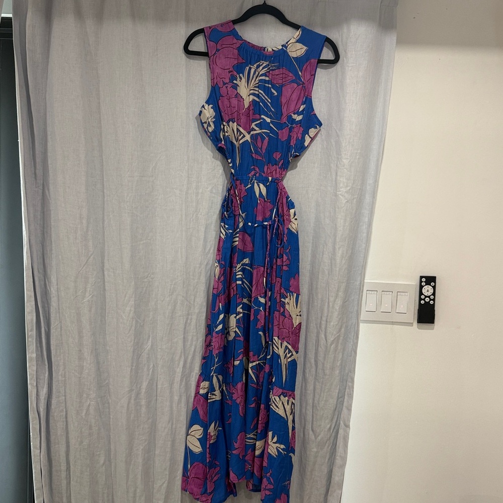 Mango Blue and Purple Floral Side cutout Dress NWOT. Size Large